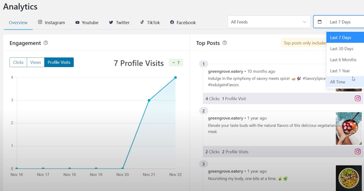 Statistikk på visninger, klikk og profilbesøk på en, eller alle dine sosiale feeder.